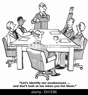 Cartoon of business team about to do a SWOT analysis, let's identify out weaknesses... and don't look at me when you list them. Stock Vector