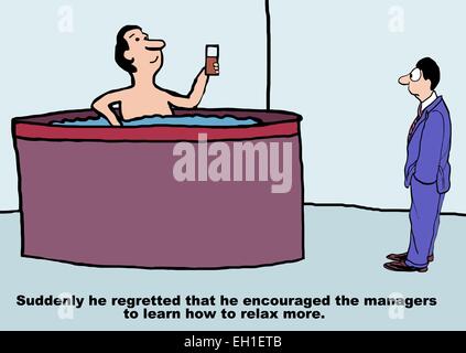 Cartoon of business manager in hot tub.  Business boss thinks: suddenly he regretted... encouraging... mangers... relax more. Stock Vector