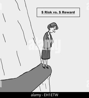 Cartoon of businesswoman leader standing on cliff and thinking of her options: $ risk versus $ reward. Stock Vector