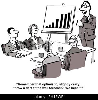 Cartoon of chart with increasing sales and business leader, 'remember that optimistic, slightly crazy... forecast?  We beat it.' Stock Vector