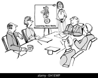 Cartoon of change seminar business meeting, businesswoman points to ...