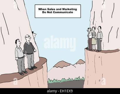 Cartoon of business people on two separate ledges, when sales and marketing do not communicate. Stock Vector
