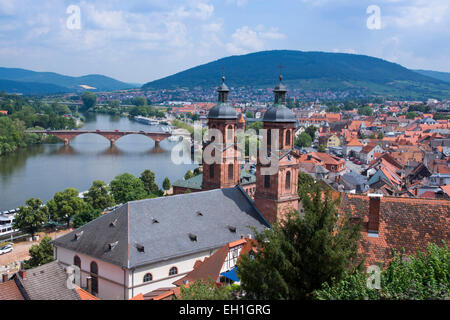 view from mildenburg castle down to the main river and miltenberg city with st. jakobus church, miltenberg, bavaria, germany, eu Stock Photo