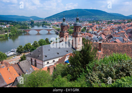 view from mildenburg castle down to the main river and miltenberg city with st. jakobus church, bavaria, germany, europe Stock Photo