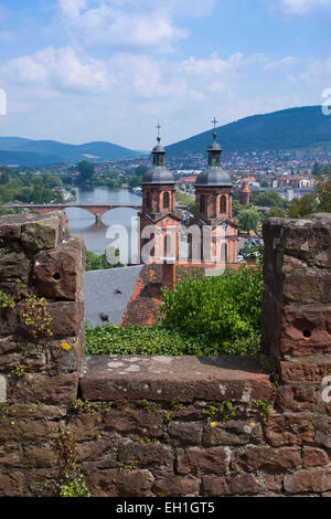 view from mildenburg castle down to the main river and miltenberg city with st. jakobus church, miltenberg, bavaria, germany, eu Stock Photo