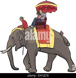 Editable vector illustration of tourists riding on an Asian elephant with mahout Stock Vector