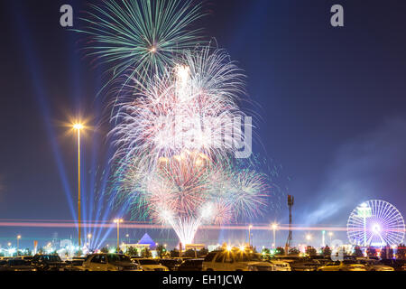 Fireworks at the Dubai Global Village. December 19, 2014 in Dubai, United Arab Emirates Stock Photo