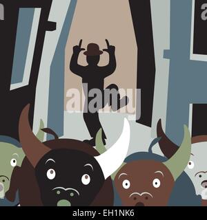 Editable vector cartoon illustration of bulls running away from a man in a street festival Stock Vector