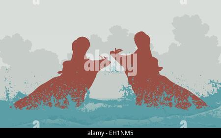 Editable vector illustration of two hippopotamuses fighting in water Stock Vector