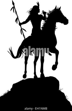 EPS8 editable vector silhouette of a native American Indian warrior riding a horse with figures as separate objects Stock Vector