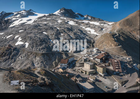 Stelvio Pass, 2757 m, hotels on the pass, at the top summer skiing area on Monte Livrio, Stelvio National Park Stock Photo