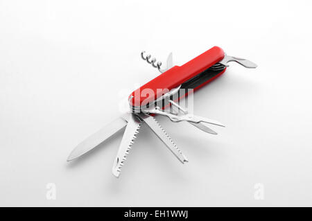All-purpose Swiss army knife fully opened on white background Stock Photo