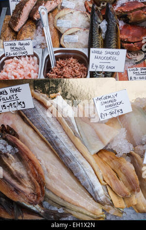 Fresh fish on fishmonger's stall at Priory Farm, Nutfield, Surrey, UK.  veaseyandsons.co.uk Stock Photo