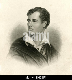 Antique c1885 steel engraving, Lord Byron. George Gordon Byron, 6th Baron Byron, later George Gordon Noel, 6th Baron Byron, FRS (22 January 1788 - 19 April 1824), commonly known simply as Lord Byron, was an English poet and a leading figure in the Romantic movement. Among Byron's best-known works are the lengthy narrative poems Don Juan and Childe Harold's Pilgrimage and the short lyric She Walks in Beauty. Stock Photo