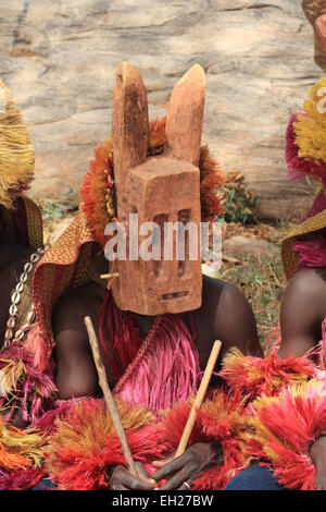 TIRELI, MALI - OCTOBER 2, 2008: Dogon man with his traditional mask on the main square of the village Tireli on October 2, 2008, Stock Photo