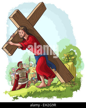 Via Crucis. Jesus Christ carrying cross. Cartoon christian colored illustration of Events in Jesus' Life Stock Photo