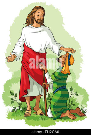 Jesus healing a lame man. Cartoon christian colored illustration of Events in Jesus' Life Stock Photo