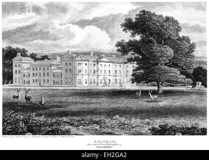 An engraving of Saltram (the Seat of Lord Boringdon), Devonshire scanned at high resolution from a book printed in 1803. Believed copyright free. Stock Photo