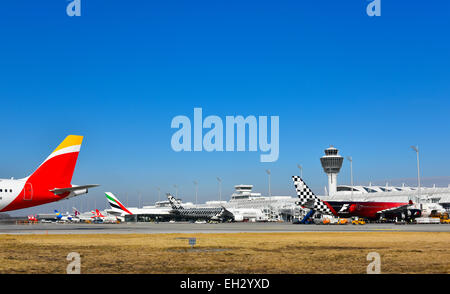 airbus, a 350, a 380, a 340, aircraft, airplane, plane, terminal, tower, Munich Airport, overview, panorama, view, line up, Stock Photo