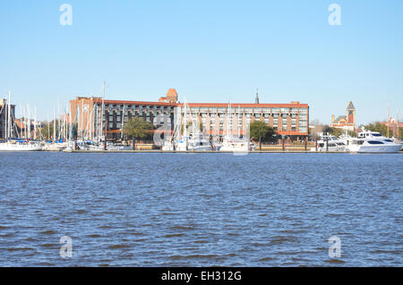 The New Bern, North Carolina waterfront, with the Marina and Hilton Hotel. Stock Photo