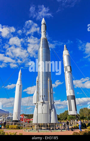 Rocket Garden with decommissioned intercontinental ballistic missiles within the NASA Space Centre, Cape Canaveral, Florida, USA Stock Photo