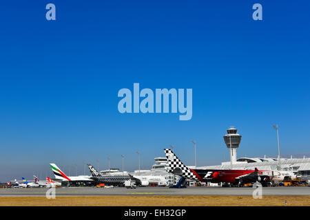 airbus, a 350, a 380, a 340, aircraft, airplane, plane, terminal, tower, Munich Airport, overview, panorama, view, line up, Stock Photo