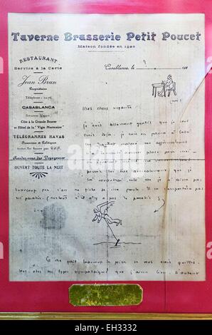 Morocco, Casablanca, Cafe restaurant Au Petit Poucet on Mohammed V boulevard, letter and drawings of the aviator Antoine de Saint Exupery Stock Photo