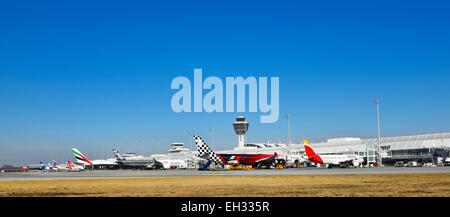 airbus, a 350, a 380, a 340, aircraft, airplane, plane, terminal, tower, Munich Airport, overview, panorama, view, line up, Stock Photo