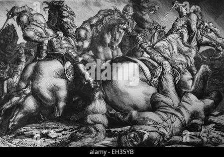 The death of Gustavus Adolphus, Gustav II Adolph, 1594-1632, in the battle of Luetzen, from the Vasa ruling family, King of Sweden from 1611-1632, woodcut, historical engraving, 1880 Stock Photo