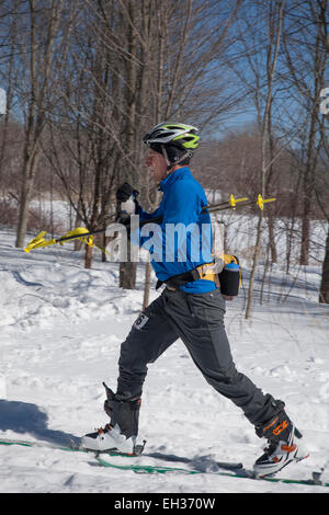 A skier at the halfway mark ready to climb  at the Thunderbolt Ski Race in March 2015 on Mount Greylock, Adams, MA. Stock Photo