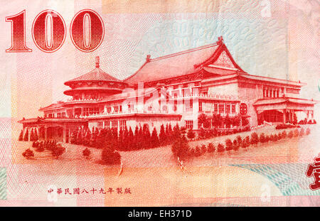 Chung-Shan Building, part of the Sun Yat-Sen Memorial Hall complex, Yangmingshan National Park in Taipei from 100 yuan banknote, Stock Photo