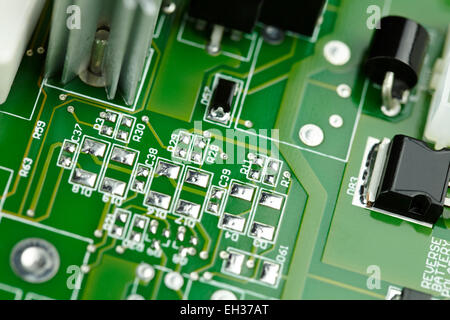 Selective focus macro closeup of computer circuit board components Stock Photo