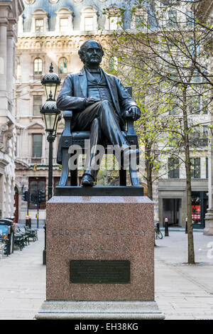A statue of philanthropist George Peabody near the Royal Exchange in the City of London. Stock Photo