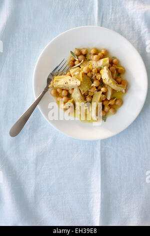 Overhead View of Healthy Chickpea Salad on White Plate, Studio Shot Stock Photo