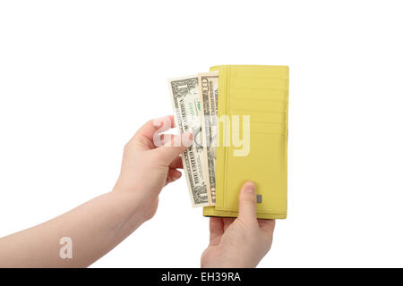 hand took some bills out of a wallet, isolated on white Stock Photo