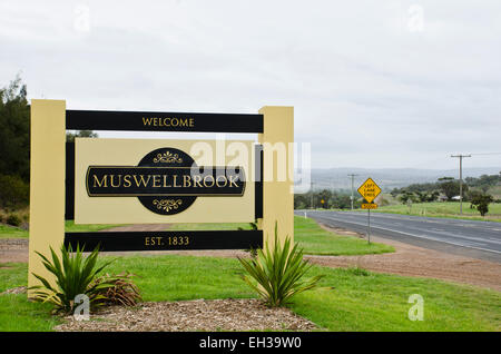 Muswellbrook NSW Australia town sign.     First explored by Europeans in 1819, Muswellbrook is about 250km 150 miles from Sydney Stock Photo