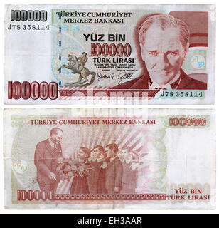 100000 lira banknote, Kemal Ataturk and children, Turkey, 1997 Stock Photo