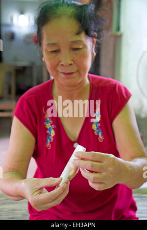 Vietnamese woman making rice-paper rolls Stock Photo