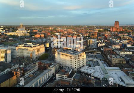 Aerial view of Liverpool showing the two cathedrals in the background. In the centre is the former Lewis's department store. Stock Photo