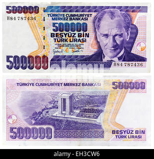 500000 lira banknote, Kemal Ataturk and Canakkale Martyrs Monument, Turkey, 1997 Stock Photo