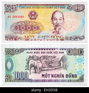 1000 dong banknote, Ho Chi Minh, elephant logging, Vietnam, 1988 Stock Photo