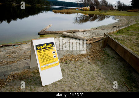 Warning sign of toxic algae present in Cranberry Lake, Deception Pass State Park Washington State Stock Photo