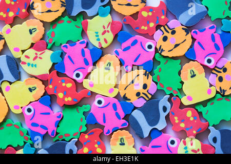 Children's colourful animal shaped erasers. Stock Photo