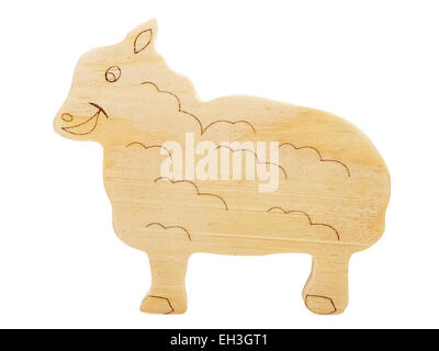 engraving wooden sheep toy made of plywood, studio shot, isolated Stock Photo