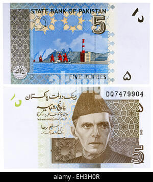 5 rupees banknote, Muhammad Ali Jinnah, Gwadar Sea Port, Pakistan, 2009 Stock Photo