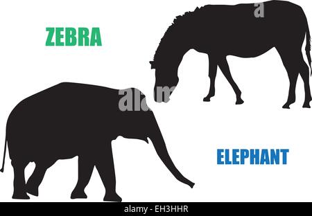 Silhouettes of black zebra and elephant. Stock Vector