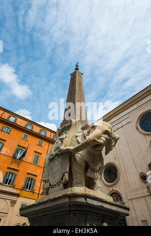 Bernini's Elephant, Pulcino della Minerva, elephant statue at the base of the obelisk Obelisco della Minerva, by Ercole Ferrata Stock Photo