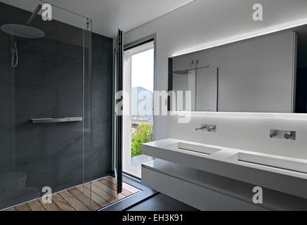 interior view of a modern bathroom in foreground a double washbasin and large glass shower cubicle Stock Photo