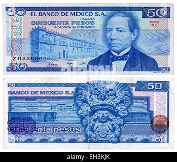 50 pesos banknote, President Benito Pablo Juarez Garcia, Palacio Nacional, Zapotec temple, Mexico, 1981 Stock Photo
