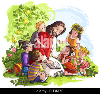 Jesus reading the Bible with Children. Cartoon christian colored illustration of Events in Jesus' Life Stock Photo